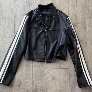 Black Leather Jacket with White Stripes